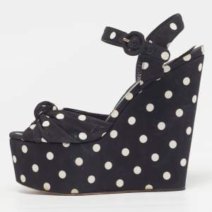 Pre Owned Dolce & Gabbana Polka Dot Size 41 Black Fabric Ankle Strap Platform Wedge Sandals