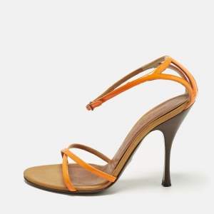 Pre Owned Dolce & Gabbana Size 37.5 Neon Orange Patent Leather Ankle Strap Sandals