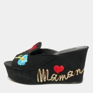 مملوكة مسبقًا Dolce & Gabbana Size 38 Black Embroidery Fabric Platform Wedge Sandals