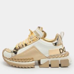 Pre Owned حذاء رياضي دولتشي & غابانا جلد أبيض / ذهبي سوبر كينج مقاس 38.5 طراز منخفض من الأعلى