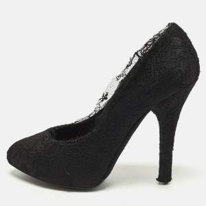 Pre Owned Dolce & Gabbana Size 38 Black Lace and Satin Round Teo Pumps