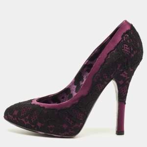 Pre Owned Dolce & Gabbana Size 37 Purple/Black Lace and Satin Round Toe Pumps