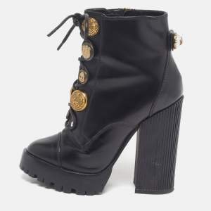 مملوكة مسبقًا Dolce & Gabbana Size 36 Black Leather DG Logo Button Lace Up Ankle Length Boots