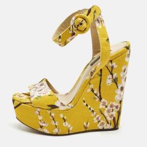 Pre Owned Dolce & Gabbana Size 38 Yellow Fabric Floral Print Wedge Sandals