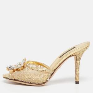 Pre Owned Dolce & Gabbana Keira Size 35 Gold Lace and Mesh Crystal Embellished Slide Sandals