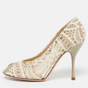 Pre Owned Dolce & Gabbana Size 38.5 White/Grey Lace and Leather Peep Toe Pumps