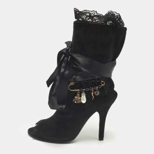 Pre Owned Dolce and Gabbana Size 36.5 Black Suede Charm Tie Around Peep Toe Ankle Boots 
