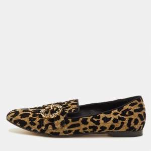 مملوكة مسبقًا Dolce & Gabbana Size 39.5 Brown/Black Leopard Print Metallic Lurex Fabric Smoking Slippers