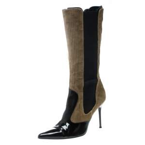 Dolce & Gabbana Black/Khaki Green Patent Leather and Corduroy Pointed Toe Boots Size 39