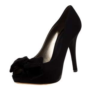 Pre Owned حذاء كعب عالي دولتشي أند غابانا مقدمة مفتوحة فيونكة دانتيل وساتان أسود مقاس 39