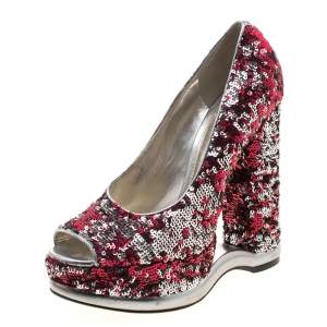 Pre Owned حذاء كعب عالي دولتشي أند غابانا نعل سميك مقدمة مفتوحة مزخرف ترتر لونين ميتالك مقاس 40