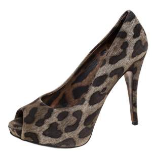 Dolce & Gabbana Brown Leopard Print Canvas Peep Toe Platform Pumps Size 37