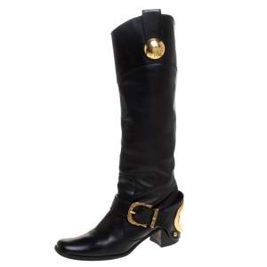 مملوكة مسبقًا Dolce & Gabbana Black Leather Buckle Mid Calf Boots Size 37.5