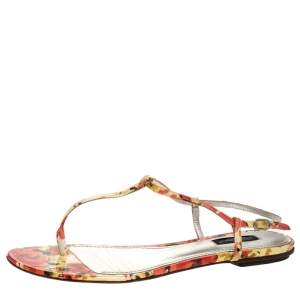 Dolce & Gabbana Multicolor Print Patent Leather Thong Flat Sandals Size 38