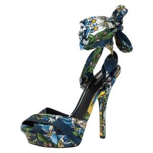 Pre Owned Dolce & Gabbana Multicolor Lilly Printed Foulard Pleated Cross Strap Ankle Wrap Sandals Size 41