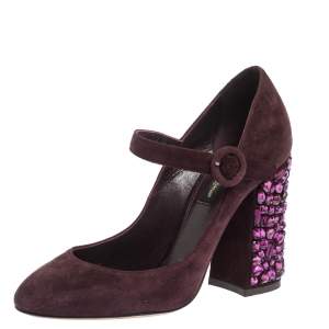 Dolce & Gabbana Burgundy Suede Mary Jane Crystal Embellished Heel Pumps Size 36