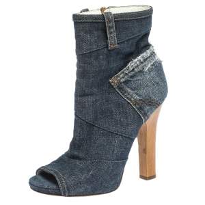 مملوكة مسبقًا Dolce & Gabbana Blue Distressed Denim Open Toe Ankle Boots Size 37