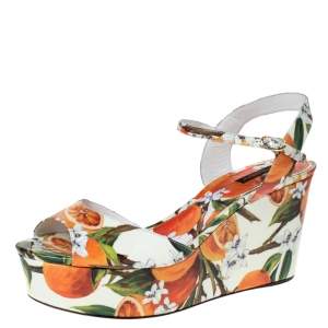 Pre Owned Dolce & Gabbana Orange Print Patent Leather Ankle Strap Platform Wedge Sandals Size 41