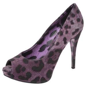 Dolce & Gabbana Purple/Black Leopard Print Denim Peep Toe Platform Pumps Size 36.5