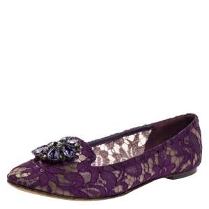 Pre Owned Dolce & Gabbana Purple Lace Jeweled Embellishment Ballet Flats Size 39