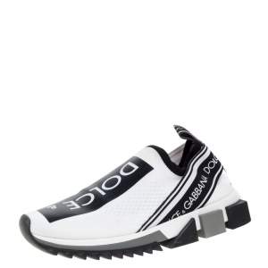 Pre Owned Dolce & Gabbana White/Black Stretch Fabric Logo Sorrento Slip On Sneakers Size 38.5