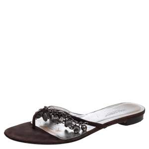 Dolce & Gabbana Brown Nubuck Embellished Flat Thong Sandals Size 41