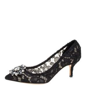 Pre Owned Dolce & Gabbana Black Lace Crystal Embellished Pointed Toe Pumps Size 36.5