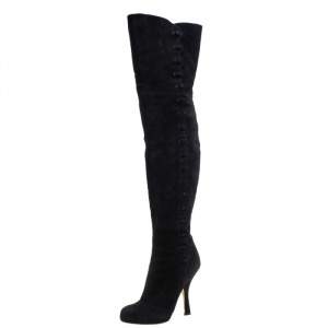 Pre Owned Dolce & Gabbana Black Suede Button Embellished Over the Knee Boots Size 40