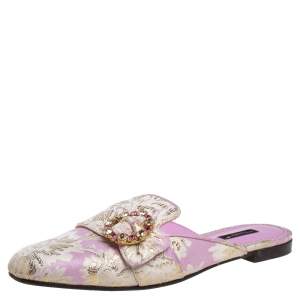Pre Owned Dolce & Gabbana Pink/White Brocade Fabric Jackie Crystal Embellished Flat Mules Size 41 