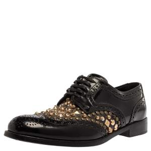 Pre Owned Dolce & Gabbana Black Brogue Leather Studded Embellished Lace Oxfords Size 39