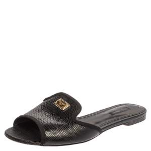Pre Owned Dolce and Gabbana Black Lizard Embossed Leather Sofia Slides Size 39