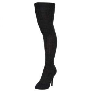 Pre Owned Dolce & Gabbana Grey/Black Fabric and Snake Effect Sock Knee Boots Size 41