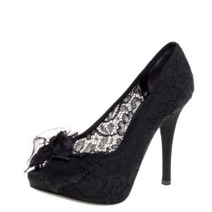 Dolce & Gabbana Black Lace Bow Peep Toe Pumps Size 36