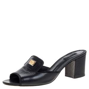 Pre Owned Dolce & Gabbana Black Lizard Embossed Leather Slide Sandals Size 40