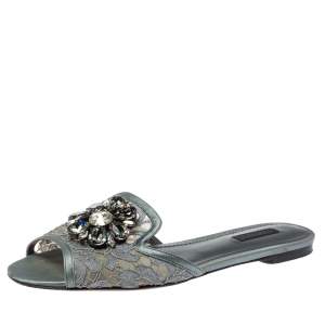 Pre Owned Dolce & Gabbana Grey Lace Crystal Embellished Flat Slide Sandals Size 39