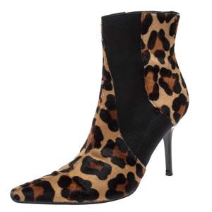 Dolce & Gabbana Animal Print Calf Hair and Elastic Fabric Knife Ankle Boots Size 38