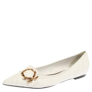 Pre Owned Dolce & Gabbana White Quilted Leather Devotion Embellished Pointed Toe Ballet Flats Size 37