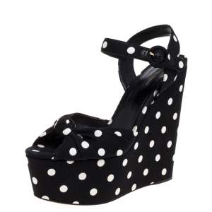 مملوكة مسبقًا Dolce & Gabbana Black Satin Polka Dot Wedge Platform Ankle Strap Sandals Size 40
