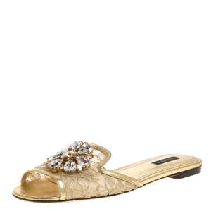 Pre Owned Dolce & Gabbana Gold Lace Sofia Crystal Embellished Slides Sandals Size 38.5