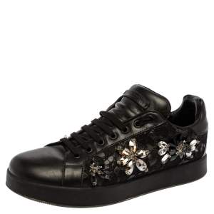Dolce & Gabbana Black Leather And Lace Crystal Embellished Low Top Sneakers Size 39