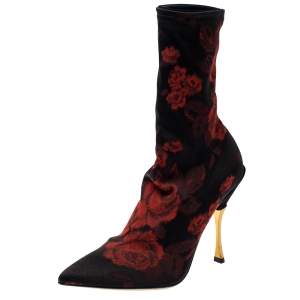 Docle & Gabbana Black/Red Rose Jacquard Fabric Boots Size 36