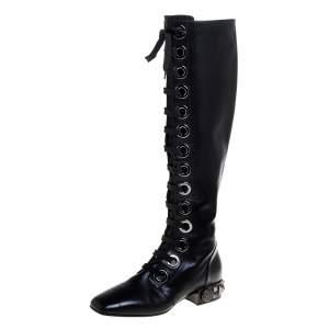 Pre Owned Dolce & Gabbana Black Leather Jackie Lace Up Knee Length Boots Size 38