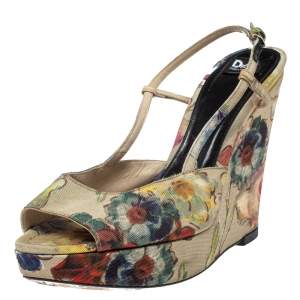 Dolce & Gabbana Multicolor Floral Printed Fabric Platform Wedge Sandals Size 38.5