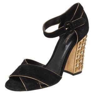 Pre Owned  Dolce & Gabbana Black Suede Crystal Embellished Block Heel Sandals Size 38.5