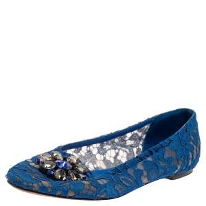 Pre Owned Dolce & Gabbana Blue Lace Crystal Embellished Taormina Ballet Flats Size 38.5