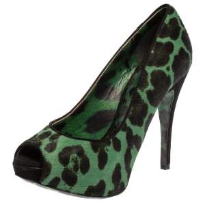 Dolce & Gabbana Green/Black Leopard Print Peep Toe Pumps Size 35