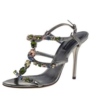 Pre Owned Dolce & Gabbana Grey Metallic Patent Leather Crystal Embellishment T Strap Sandals Size 37