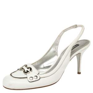 Pre Owned Dolce & Gabbana White Leather Logo Embellished Loafer Slingback Sandals Size 40