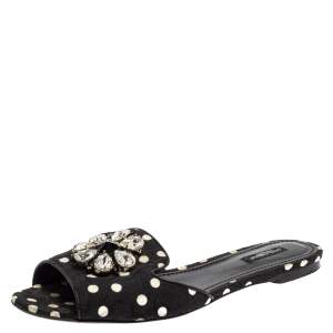 Pre Owned Dolce & Gabbana Black/White Polka Dot Fabric Crystal Embellished Bianca Flat Slides Size 41