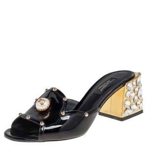 Dolce & Gabbana Black Patent Leather Crystal Embellishment Block Heel Mules Size 36
